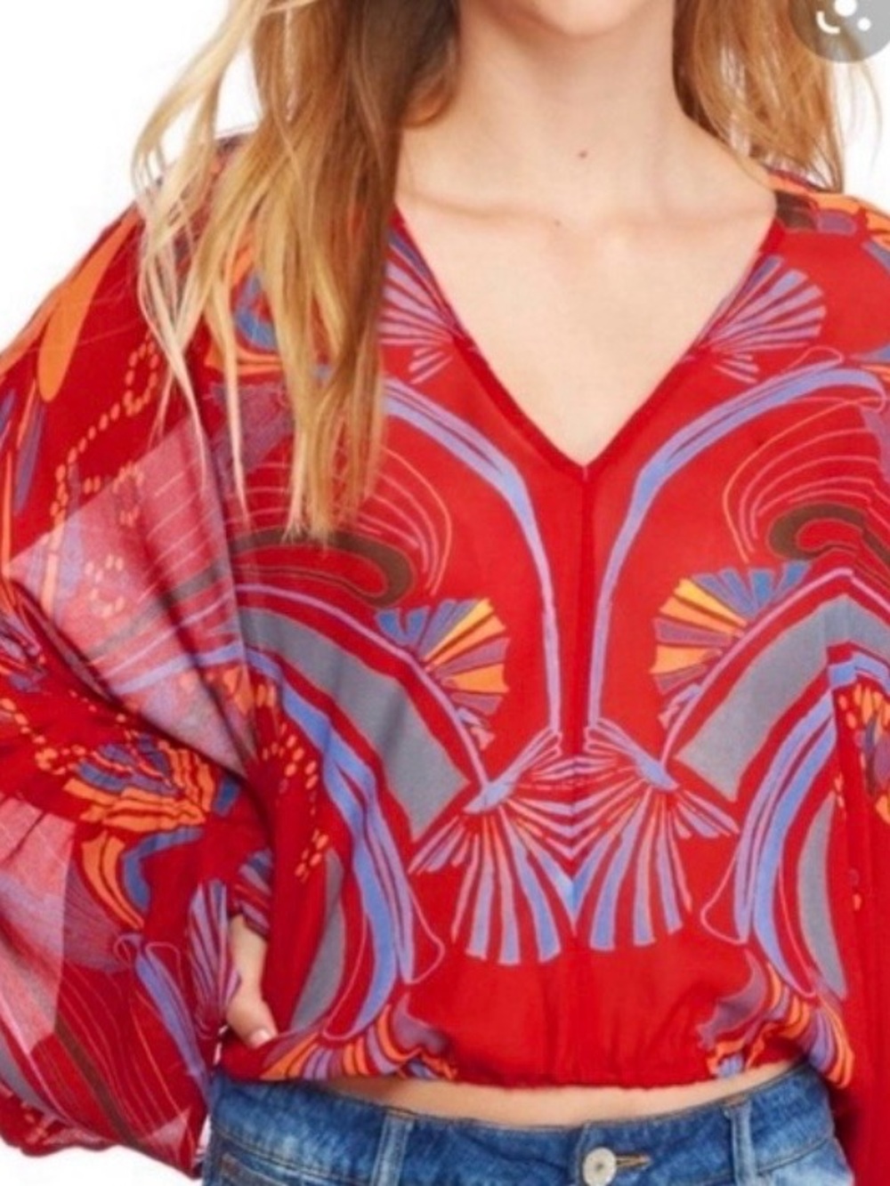 Free People Red Printed V-Neck Cropped Top - Picture 2 of 8